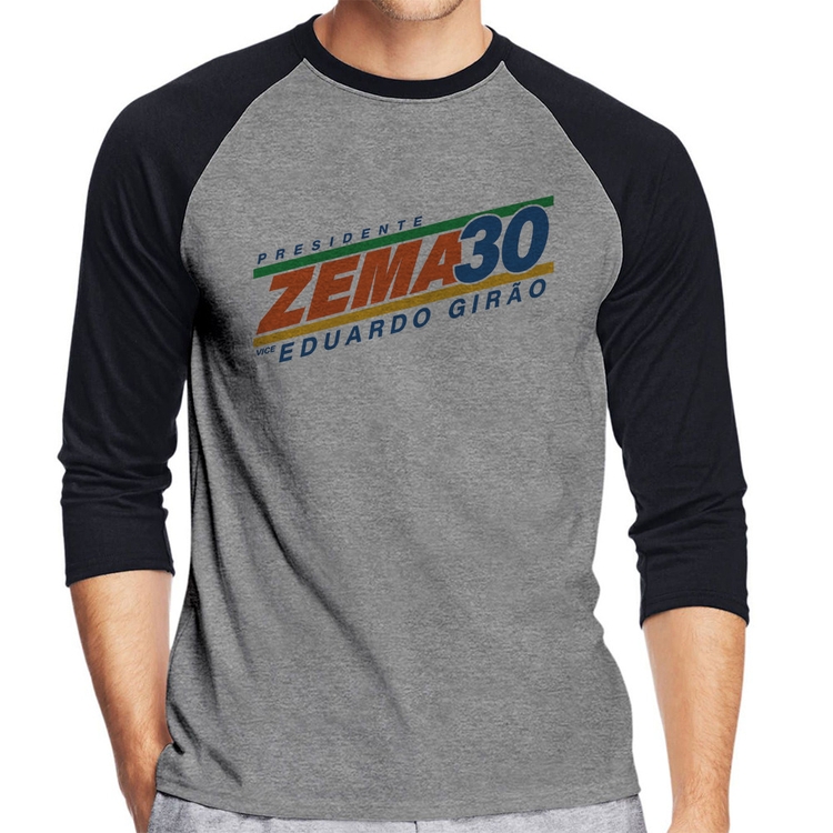 Camiseta Raglan Romeu Zema Presidente 30 Novo Manga 3/4 - Cinza/Preto