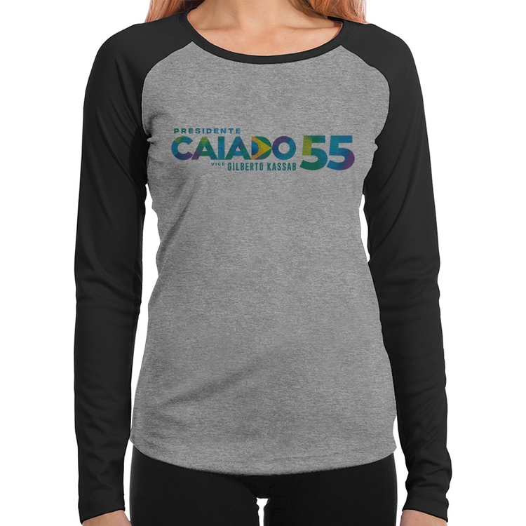 Baby Look Raglan Ronaldo Caiado Presidente 2026 PSD 55 Manga Longa - Cinza/Preto