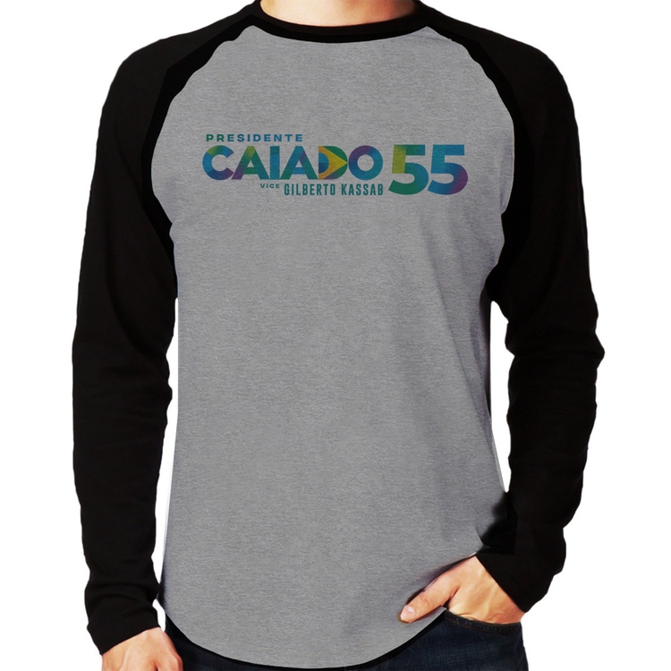 Camiseta Raglan Ronaldo Caiado Presidente 2026 PSD 55 Manga Longa - Cinza/Preto
