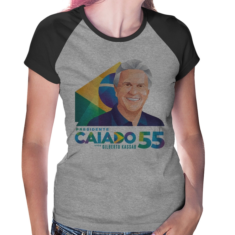 Baby Look Raglan Ronaldo Caiado Presidente - Cinza/Preto