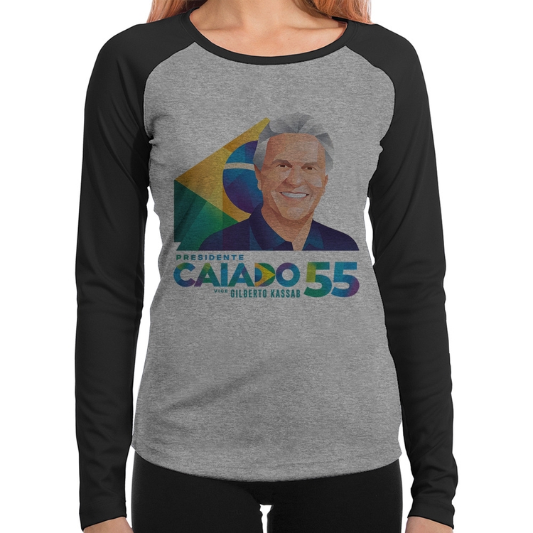 Baby Look Raglan Ronaldo Caiado Presidente Manga Longa - Cinza/Preto