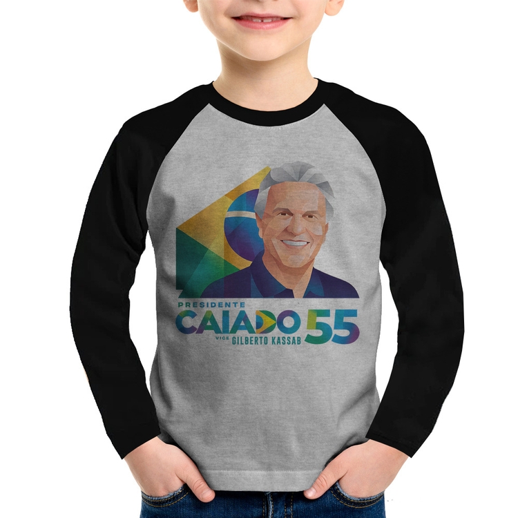 Camiseta Raglan Infantil Ronaldo Caiado Presidente Manga Longa - Cinza/Preto
