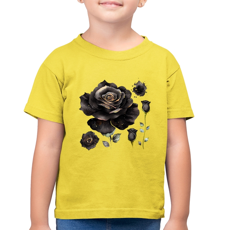 Camiseta Algodão Infantil Rosas negras - Amarelo Canário