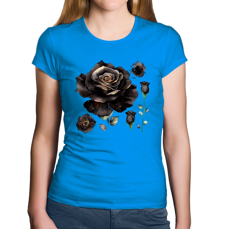 Baby Look Algodão Rosas negras - Azul