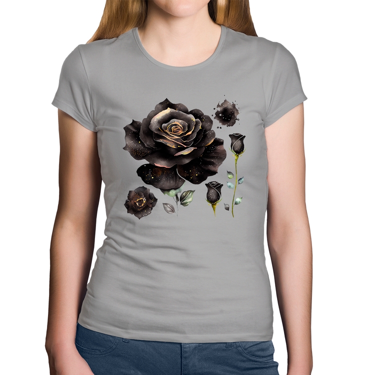 Baby Look Algodão Rosas negras - Cinza