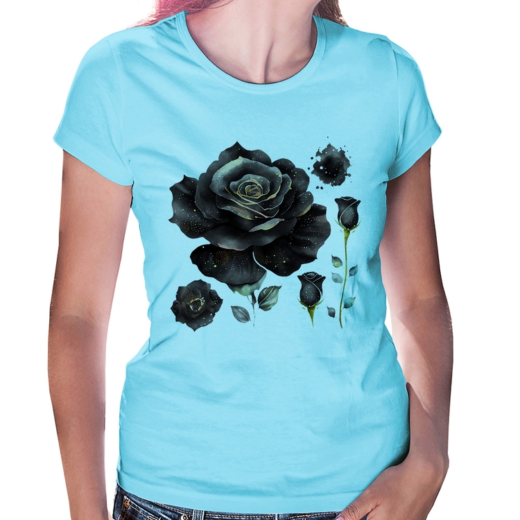 Baby Look Rosas negras - Azul Bebê