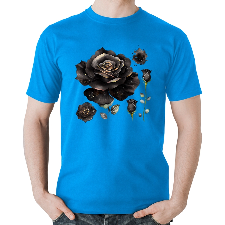 Camiseta Algodão Rosas negras - Azul