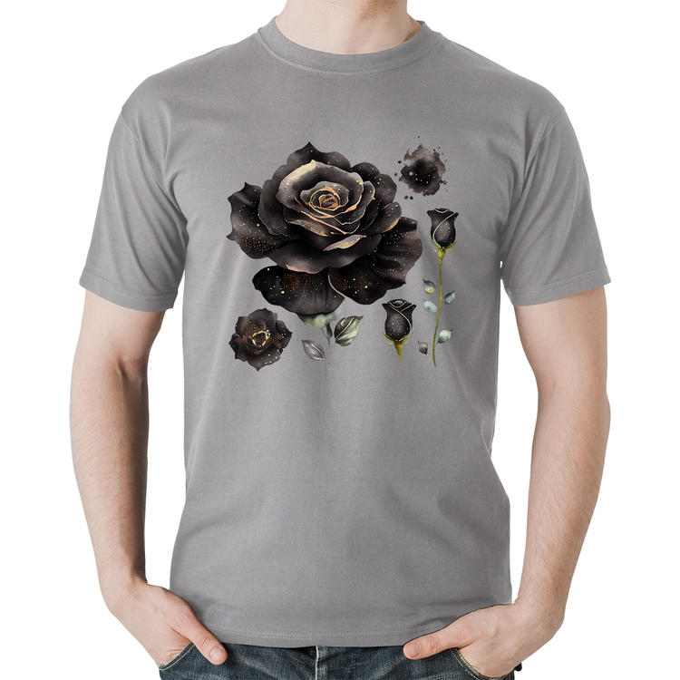 Camiseta Algodão Rosas negras - Cinza