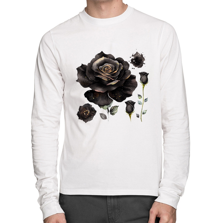 Camiseta Algodão Rosas negras Manga Longa - Branca