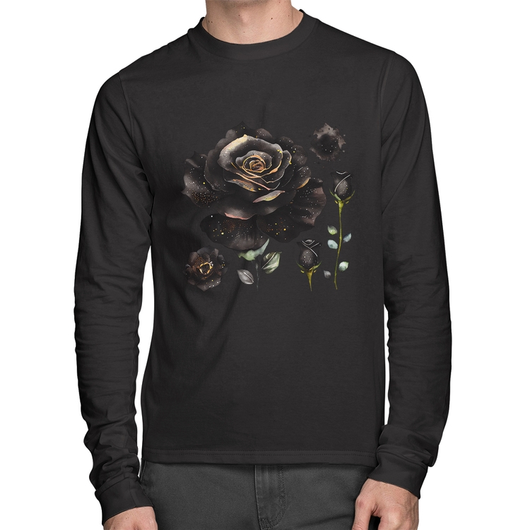 Camiseta Algodão Rosas negras Manga Longa
