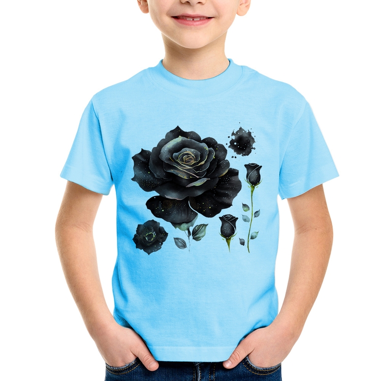 Camiseta Infantil Rosas negras - Azul Bebê