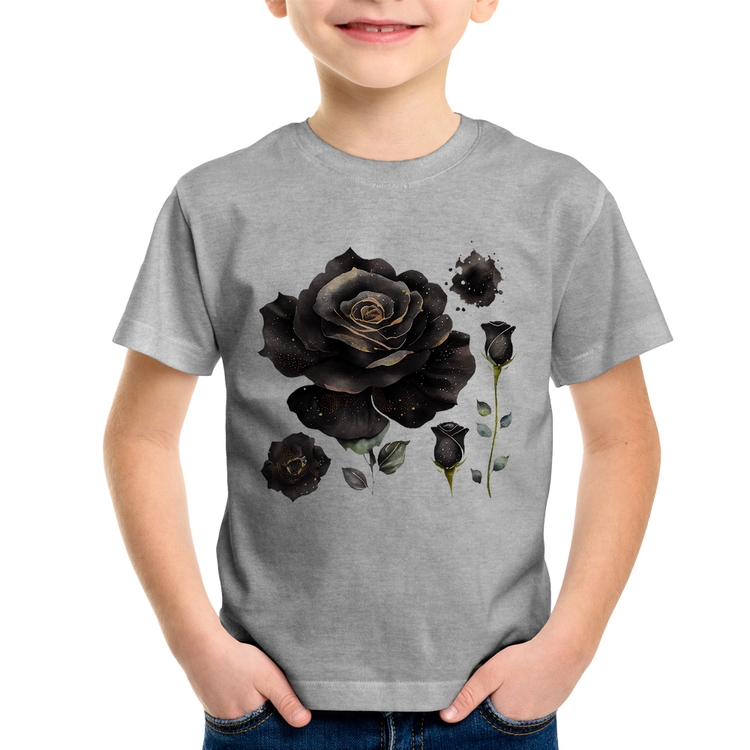 Camiseta Infantil Rosas negras - Cinza