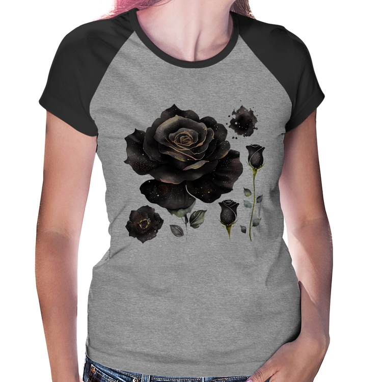 Baby Look Raglan Rosas negras - Cinza/Preto