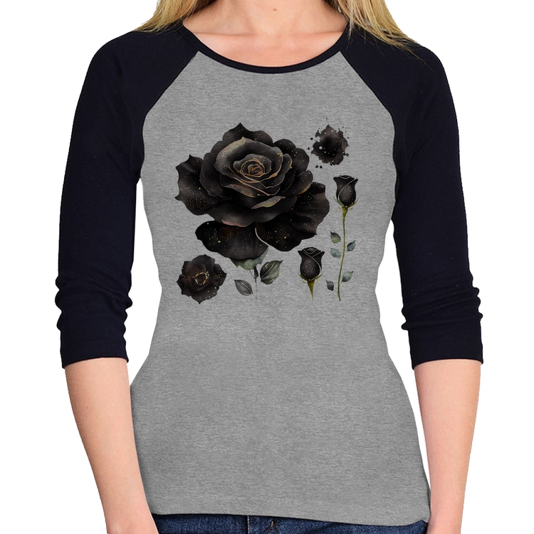 Baby Look Raglan Rosas negras Manga 3/4 - Cinza/Preto