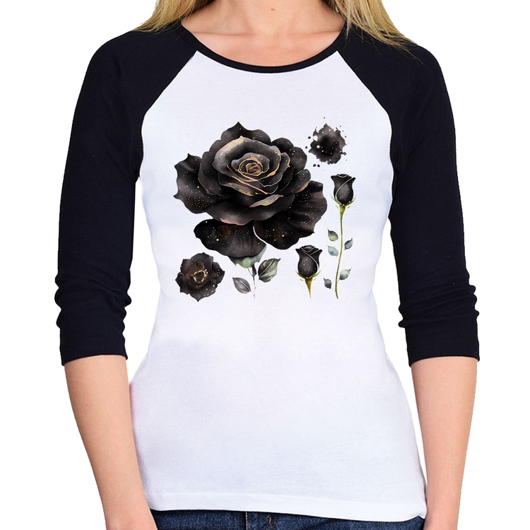 Baby Look Raglan Rosas negras Manga 3/4