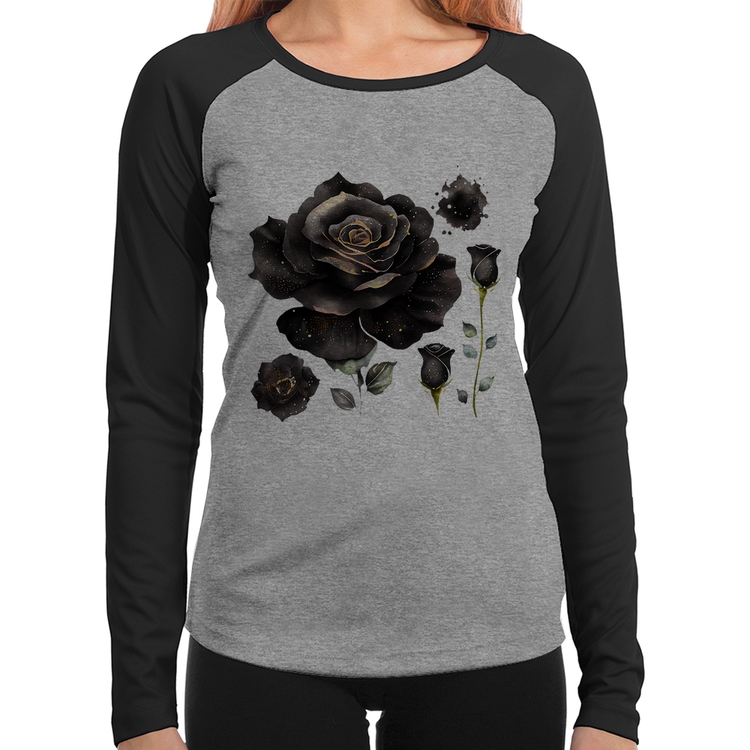 Baby Look Raglan Rosas negras Manga Longa - Cinza/Preto