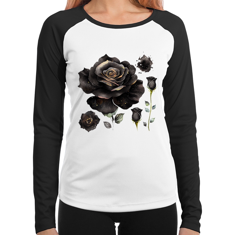 Baby Look Raglan Rosas negras Manga Longa