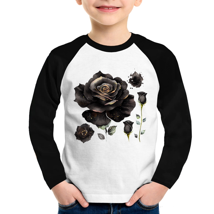Camiseta Raglan Infantil Rosas negras Manga Longa