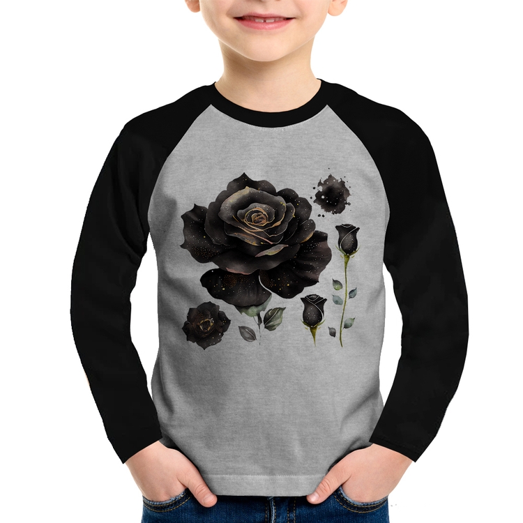 Camiseta Raglan Infantil Rosas negras Manga Longa - Cinza/Preto