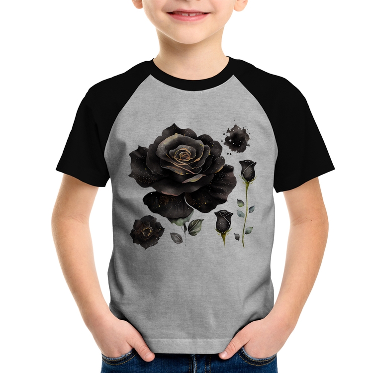 Camiseta Raglan Infantil Rosas negras - Cinza/Preto