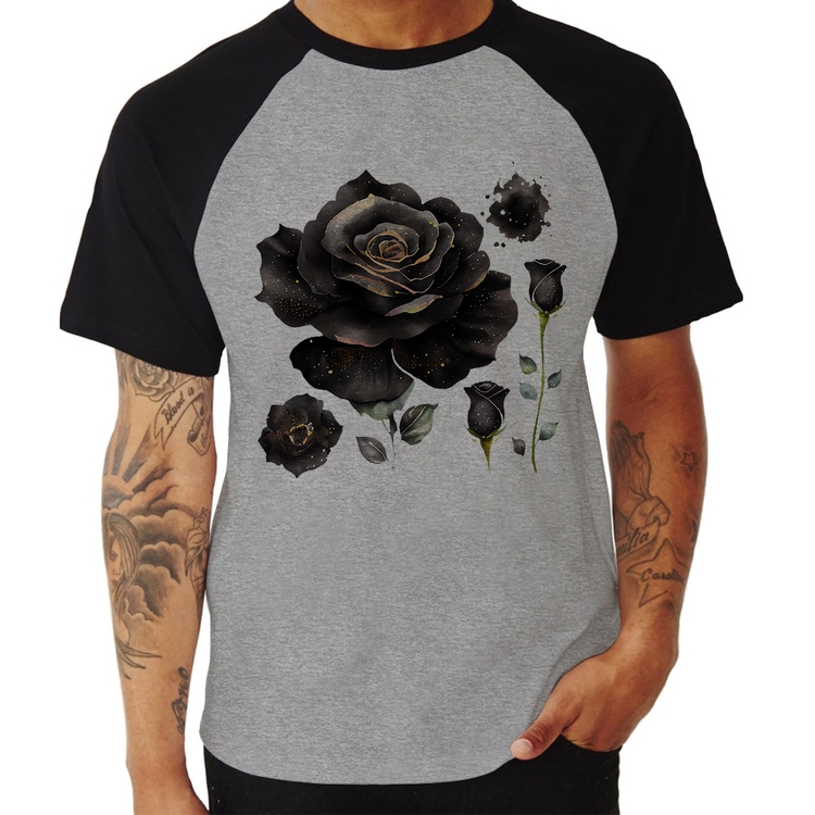 Camiseta Raglan Rosas negras - Cinza/Preto