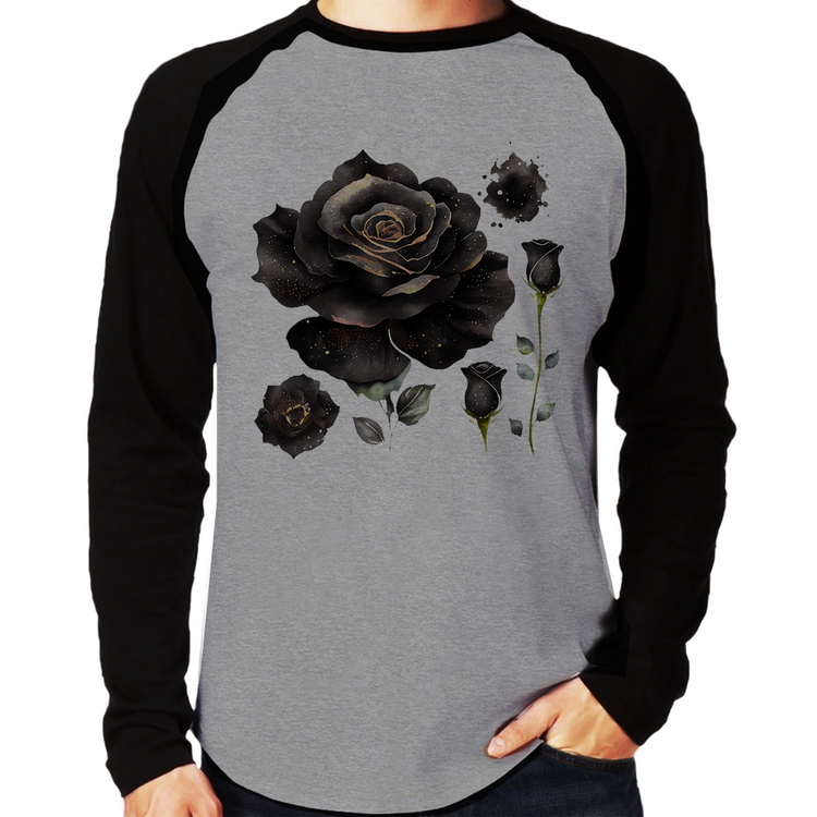 Camiseta Raglan Rosas negras Manga Longa - Cinza/Preto