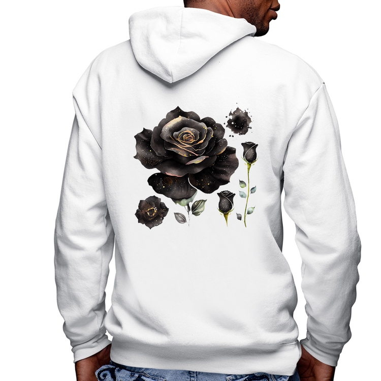 Blusa Moletom Rosas negras Masculina com Capuz e Zíper - Branca