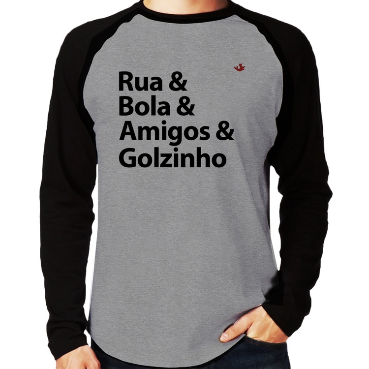 Camiseta Raglan Rua & Bola & Amigos & Golzinho Manga Longa - Cinza/Preto