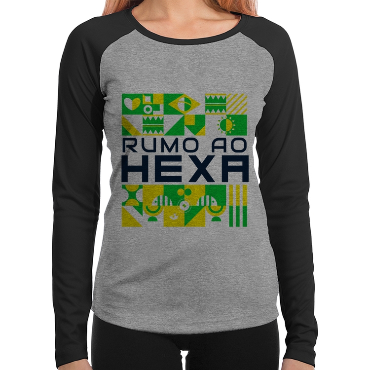 Baby Look Raglan Rumo ao Hexa Manga Longa - Cinza/Preto