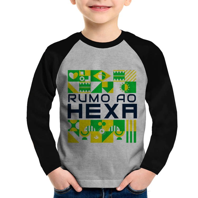Camiseta Raglan Infantil Rumo ao Hexa Manga Longa - Cinza/Preto