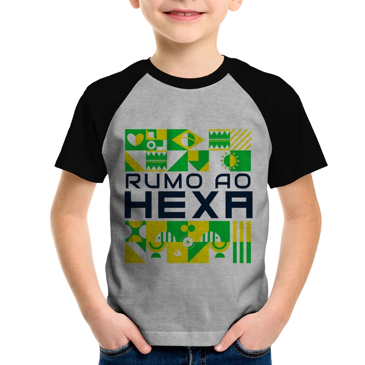 Camiseta Raglan Infantil Rumo ao Hexa - Cinza/Preto