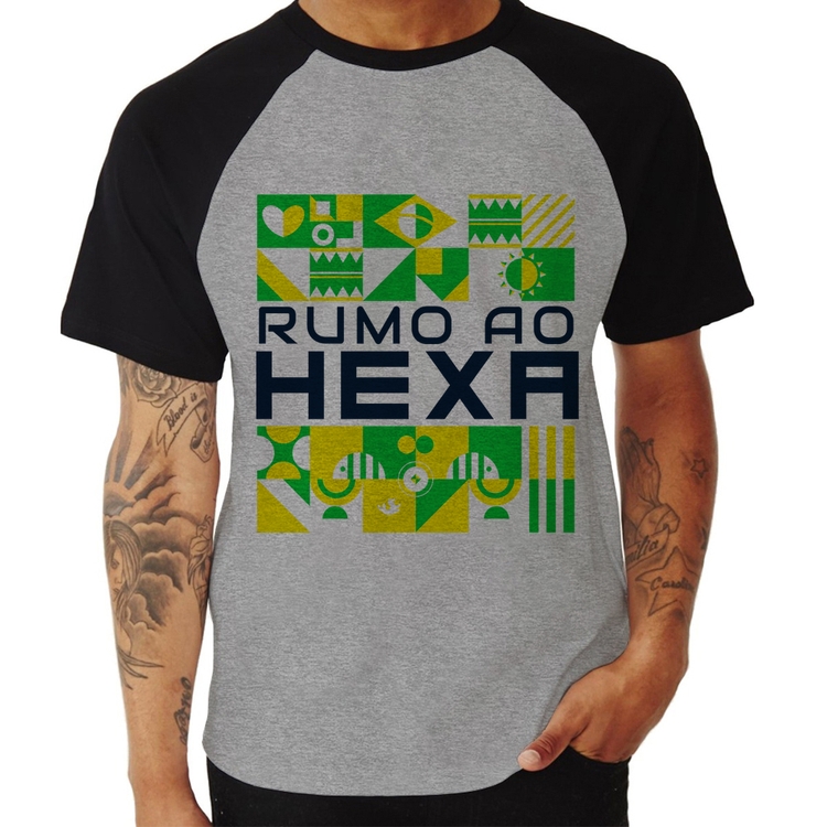 Camiseta Raglan Rumo ao Hexa - Cinza/Preto