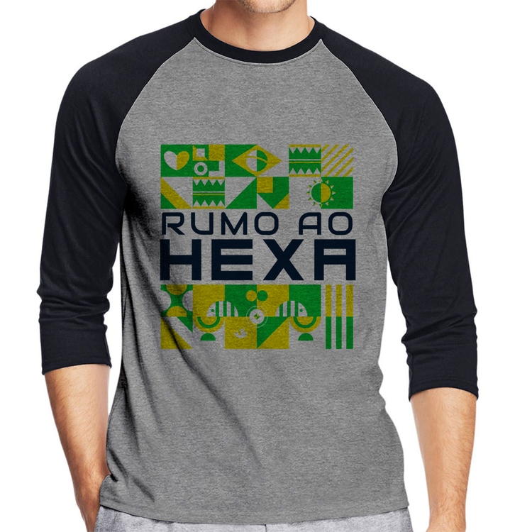 Camiseta Raglan Rumo ao Hexa Manga 3/4 - Cinza/Preto