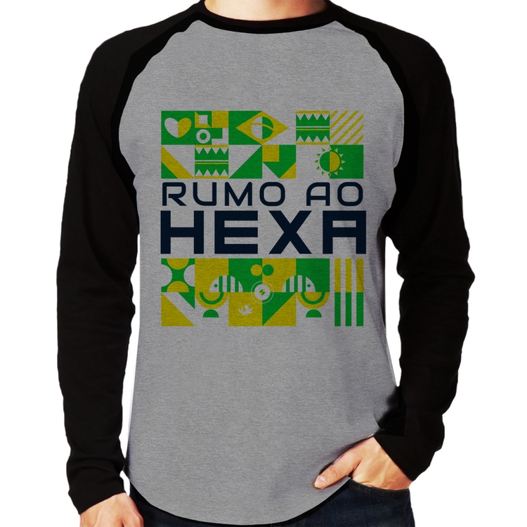Camiseta Raglan Rumo ao Hexa Manga Longa - Cinza/Preto