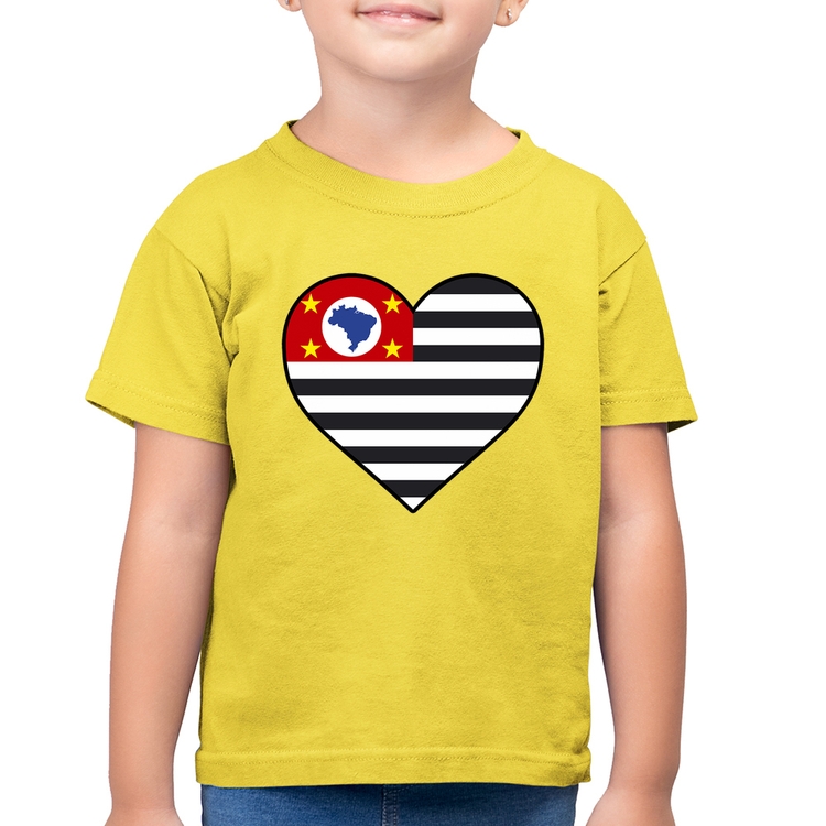Camiseta Algodão Infantil São Paulo Bandeira Estado Coração - Amarelo Canário
