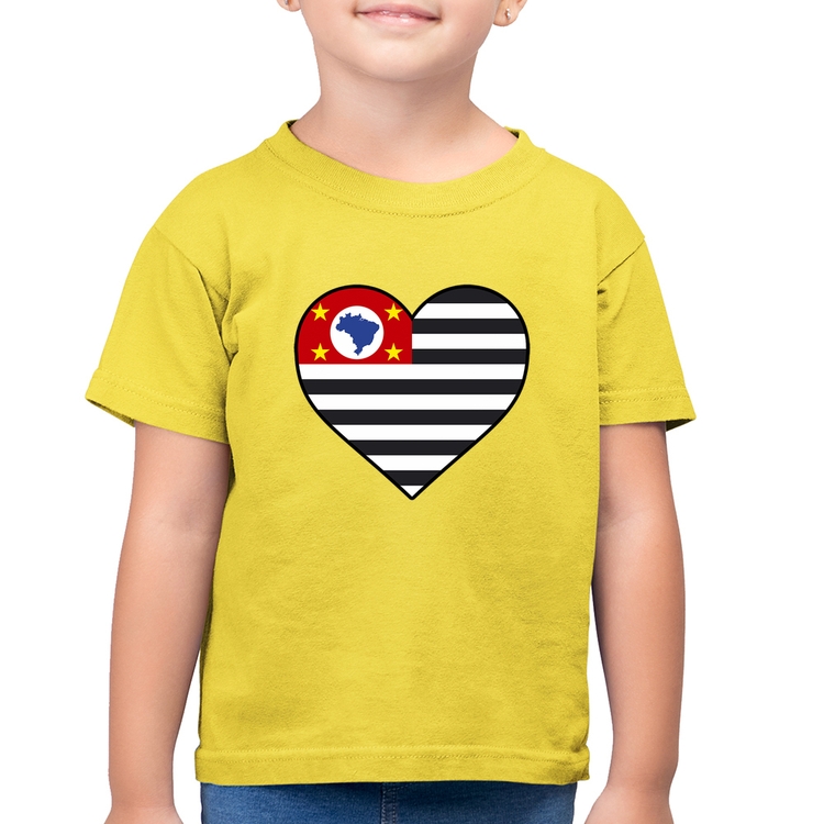 Camiseta Algodão Infantil São Paulo Bandeira Estado Coração - Amarelo Canário