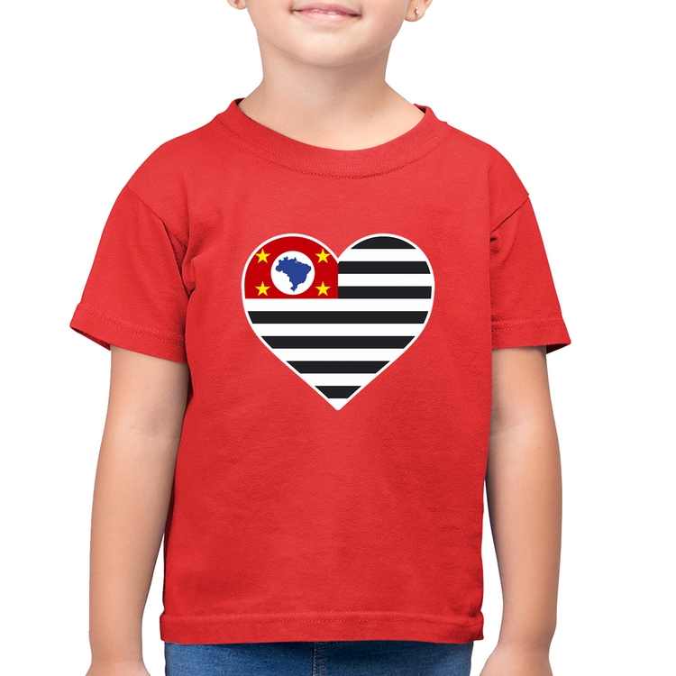 Camiseta Algodão Infantil São Paulo Bandeira Estado Coração - Vermelha