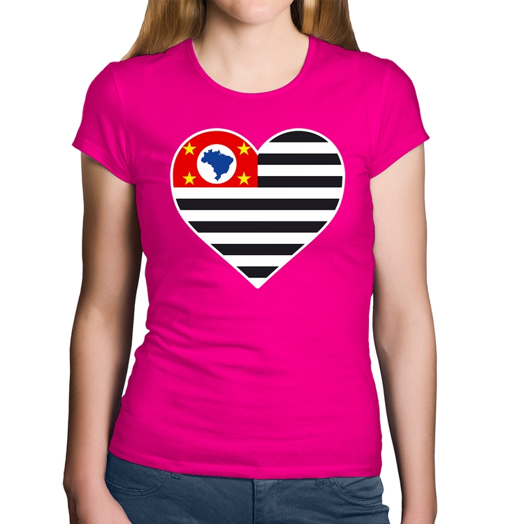 Baby Look Algodão São Paulo Bandeira Estado Coração - Rosa