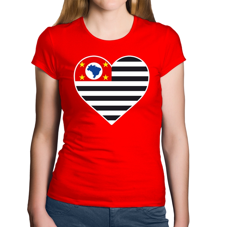 Baby Look Algodão São Paulo Bandeira Estado Coração - Vermelha