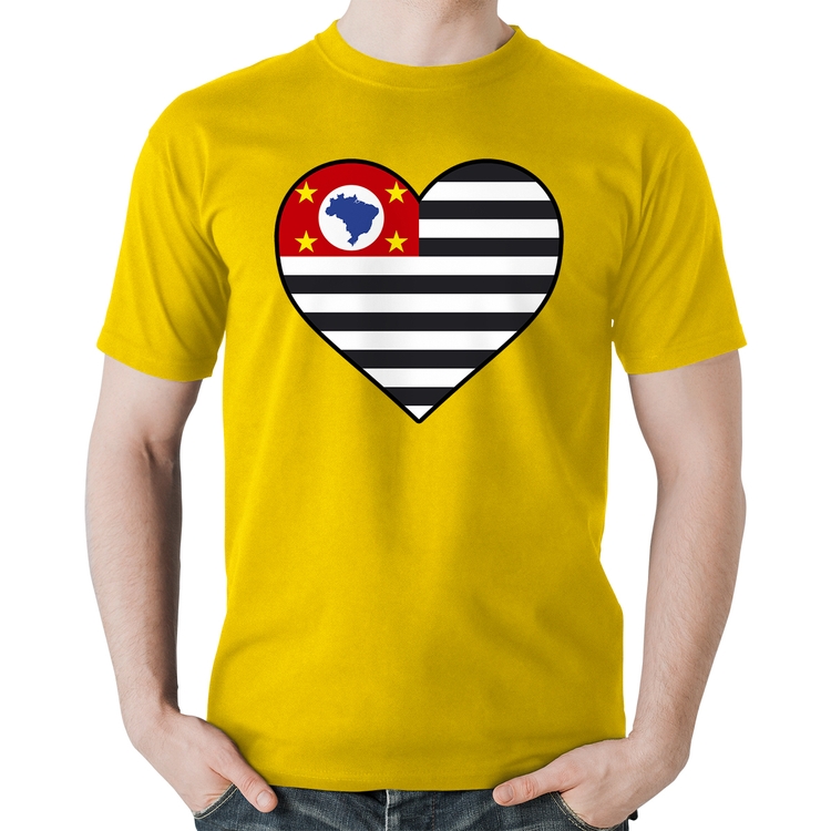 Camiseta Algodão São Paulo Bandeira Estado Coração - Amarela