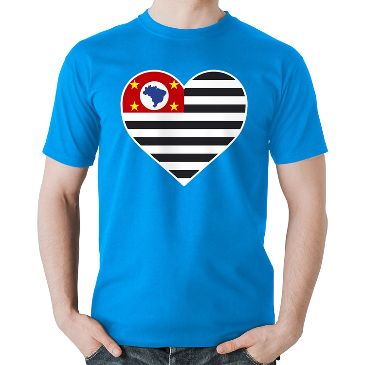 Camiseta Algodão São Paulo Bandeira Estado Coração - Azul