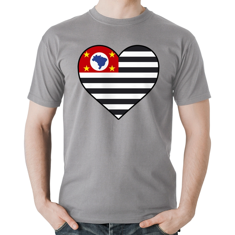 Camiseta Algodão São Paulo Bandeira Estado Coração - Cinza