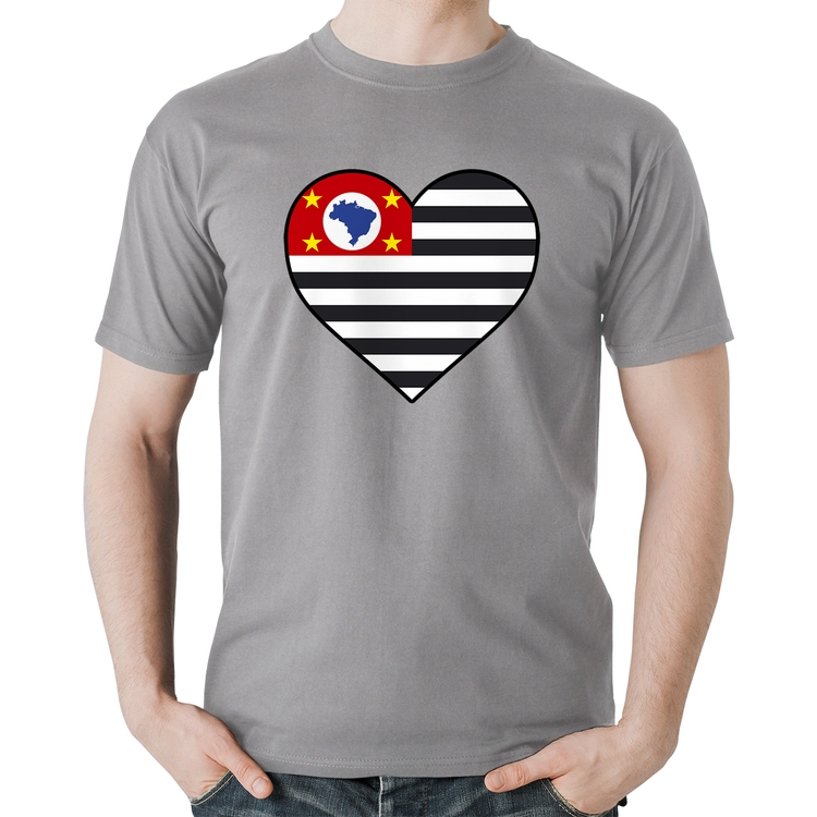 Camiseta Algodão São Paulo Bandeira Estado Coração - Cinza