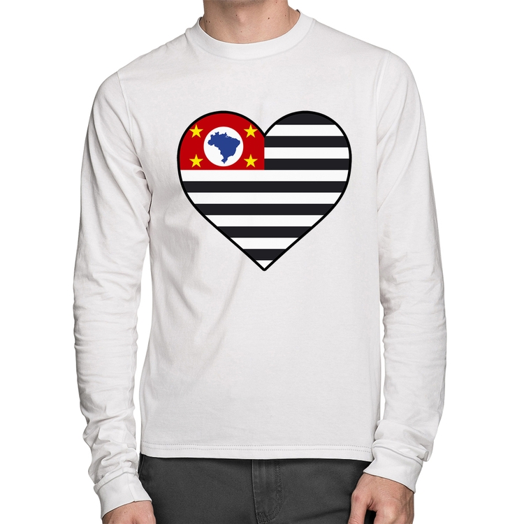 Camiseta Algodão São Paulo Bandeira Estado Coração Manga Longa - Branca