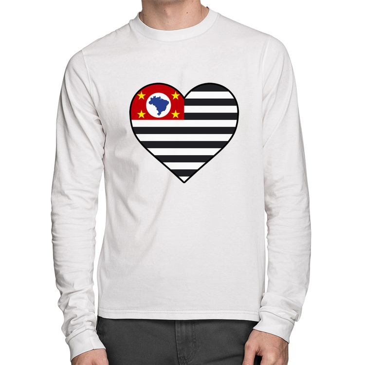 Camiseta Algodão São Paulo Bandeira Estado Coração Manga Longa - Branca