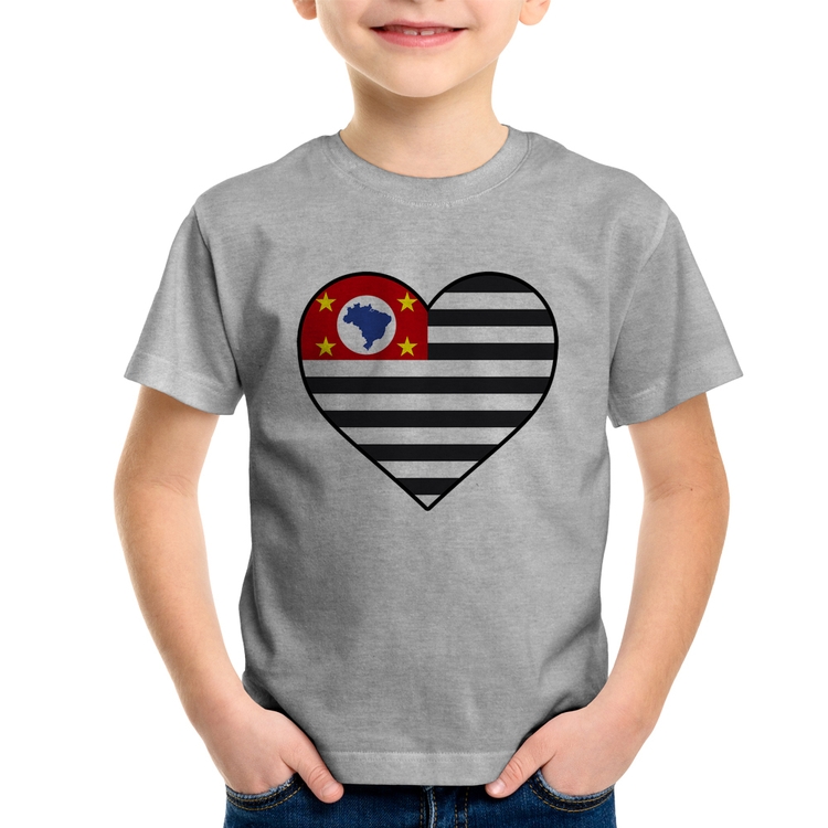 Camiseta Infantil São Paulo Bandeira Estado Coração - Cinza