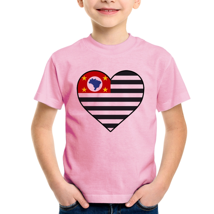 Camiseta Infantil São Paulo Bandeira Estado Coração - Rosa Bebê