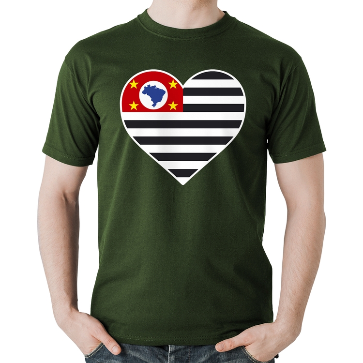 Camiseta Algodão São Paulo Bandeira Estado Coração - Musgo