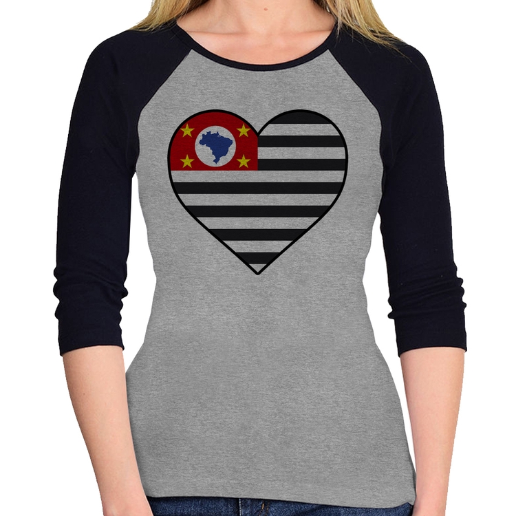 Baby Look Raglan São Paulo Bandeira Estado Coração Manga 3/4 - Cinza/Preto