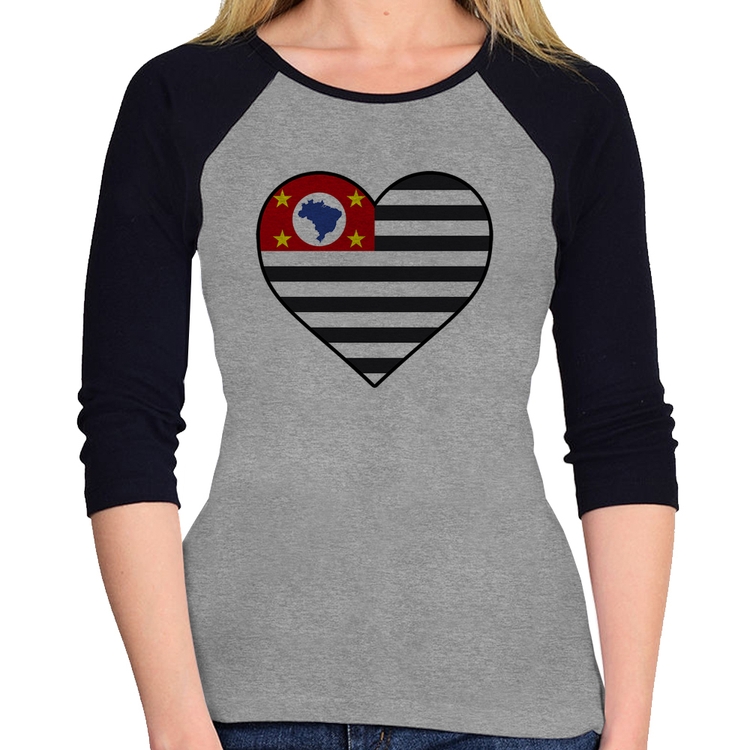 Baby Look Raglan São Paulo Bandeira Estado Coração Manga 3/4 - Cinza/Preto